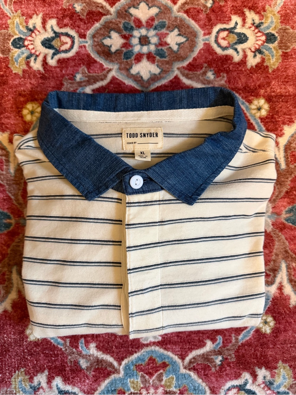 Todd Snyder Men’s Long Sleeve Polo Shirt Blue/White, Size XL